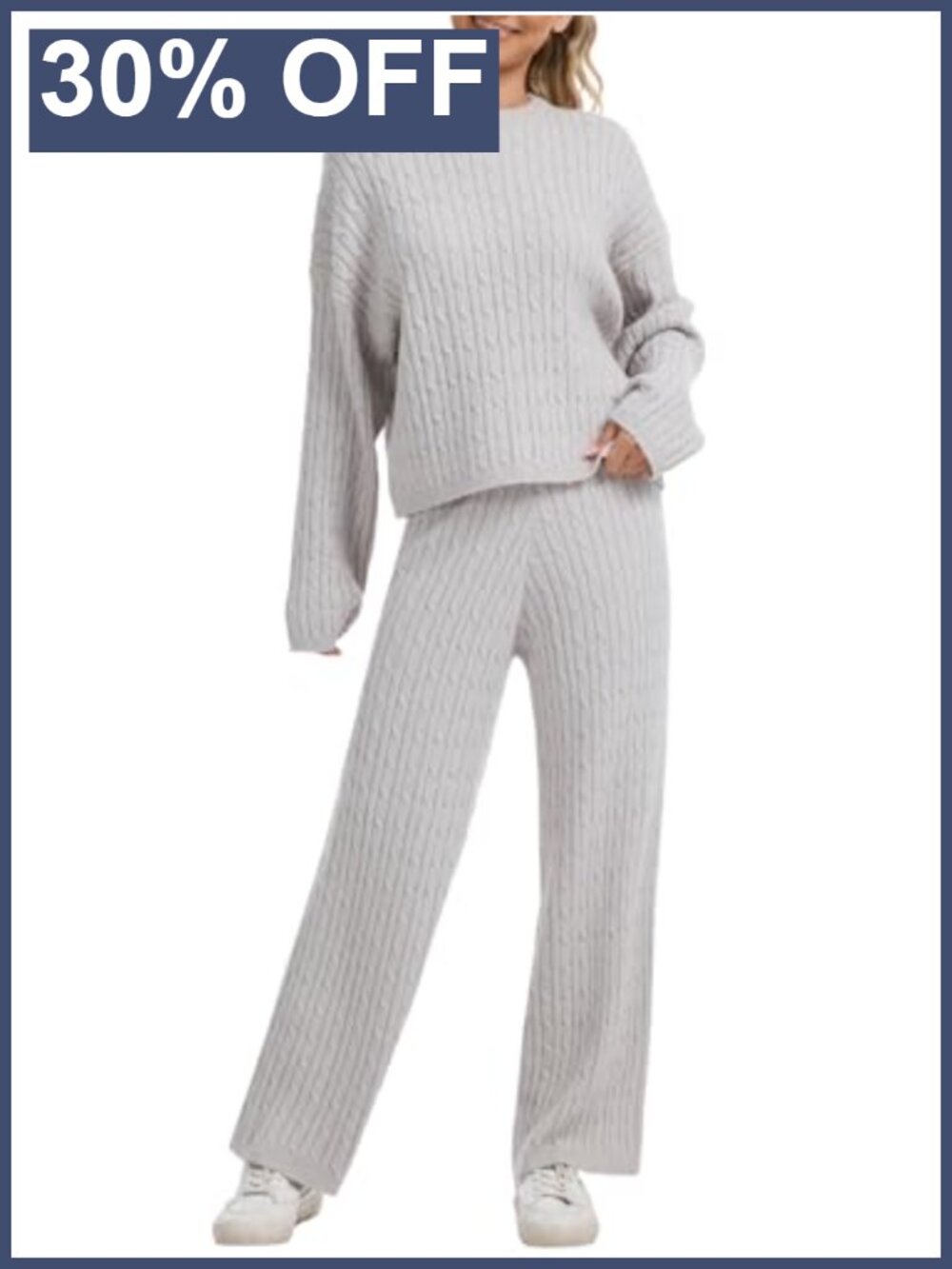 Cable Knit Sweater Lounge Set Wide Leg Pants 2-Piece Pullover